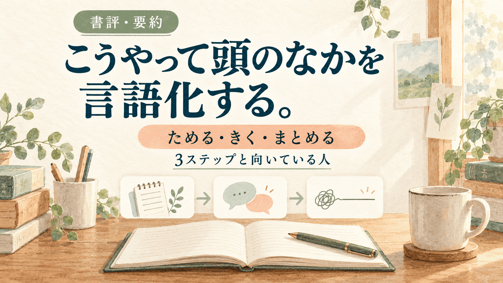 『こうやって頭のなかを言語化する。』の3ステップ「ためる・きく・まとめる」を表した書評アイキャッチ